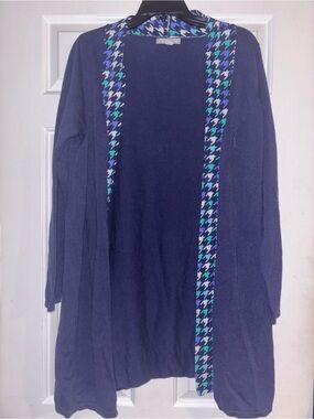 Jessica London Navy Open Cardigan with Blue & Teal Houndstooth Trim
